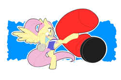 Size: 1024x679 | Tagged: safe, artist:petalierre, character:fluttershy, alternate hairstyle, boxing, bra, clothing, female, flutterbadass, gritted teeth, kickboxing, kicking, martial arts, muay thai, ponytail, punching bag, semi-anthro, solo, sports bra, sports shorts, tank top, taped fists, training, workout