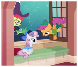 Size: 1155x995 | Tagged: safe, artist:catwhitney, character:apple bloom, character:gummy, character:scootaloo, character:sweetie belle, bow, captain hook, clothing, costume, crossover, cutie mark crusaders, hat, pet, peter pan, wendy darling