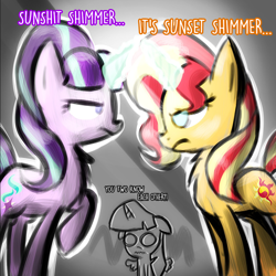 Size: 1000x1000 | Tagged: safe, artist:breezyblueyt, character:starlight glimmer, character:sunset shimmer, character:twilight sparkle, character:twilight sparkle (alicorn), species:alicorn, species:pony, counterparts, female, hilarious in hindsight, mare, sunset vs starlight debate, twilight's counterparts, vulgar