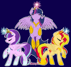 Size: 1602x1500 | Tagged: safe, artist:cihiiro, character:starlight glimmer, character:sunset shimmer, character:twilight sparkle, character:twilight sparkle (alicorn), species:alicorn, species:pony, alicornified, alicorns only, backwards cutie mark, counterparts, eyes closed, flying, glowing horn, magic, magical trio, open mouth, race swap, raised hoof, shimmercorn, spread wings, starlicorn, tiara, twilight's counterparts, wings, xk-class end-of-the-world scenario