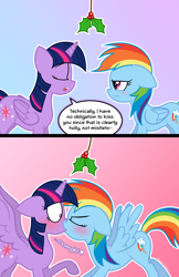 Size: 1840x2840 | Tagged: safe, artist:manual-monaro, character:rainbow dash, character:twilight sparkle, character:twilight sparkle (alicorn), species:alicorn, species:pony, ship:twidash, annoyed, blushing, comic, dialogue, eyes closed, female, floppy ears, holly, holly mistaken for mistletoe, kissing, lesbian, mare, rainbow dash is not amused, shipping, speech bubble, subverted holly mistaken for mistletoe, surprise kiss, surprised, technically correct, unamused, wingboner