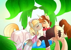Size: 1072x746 | Tagged: safe, artist:woogiegirl, species:earth pony, species:pony, species:unicorn, crossover, gwen stacy, marriage, peter parker, ponified, shipping, spider-man, spiders and magic: rise of spider-mane, watermark, wedding