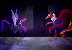 Size: 2300x1600 | Tagged: safe, artist:woogiegirl, character:sunset shimmer, character:twilight sparkle, character:twilight sparkle (alicorn), species:alicorn, species:pony, species:unicorn, batman, batman v superman: dawn of justice, batmare, crossover, dc comics, rain, superman, supermare, watermark
