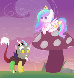 Size: 1700x1800 | Tagged: safe, artist:pigzfairy, character:discord, character:princess celestia, species:alicorn, species:draconequus, species:pony, ship:dislestia, all fours, blushing, chibi, duo, female, giant mushroom, grin, male, mare, micro, mushroom, prone, shipping, smallestia, smiling, straight