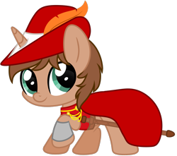 Size: 1130x998 | Tagged: safe, artist:lupulrafinat, oc, oc only, species:pony, species:unicorn, cape, chibi, clothing, cute, hat, looking at you, ocbetes, raised hoof, rapier, red mage, simple background, smiling, solo, sword, transparent background, weapon