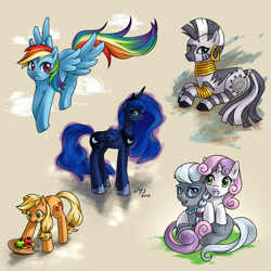 Size: 2000x2000 | Tagged: safe, artist:katiramoon, character:applejack, character:princess luna, character:rainbow dash, character:silver spoon, character:sweetie belle, character:zecora, species:zebra, ship:silverbelle, apple, female, food, gradient background, lesbian, shipping, simple background