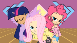 Size: 1280x720 | Tagged: safe, artist:skill:draw, character:fluttershy, character:pinkie pie, character:twilight sparkle, character:twilight sparkle (alicorn), species:alicorn, species:human, bedroom eyes, clothing, curvy, cutie mark, flutterr mlh, humanized, leotard, off shoulder, stupid sexy pinkie, sweater, sweatershy