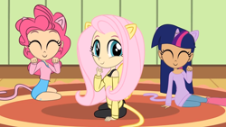 Size: 1280x720 | Tagged: safe, artist:skill:draw, character:fluttershy, character:pinkie pie, character:twilight sparkle, species:human, cat ears, cat tail, catgirl, clothing, eyes closed, female, fluttercat, flutterr mlh, humanized, leg warmers, leotard, off shoulder, sweater, sweatershy, twilight cat