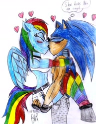 Size: 1500x1945 | Tagged: safe, artist:teamavalanchemember2, character:rainbow dash, character:sonic the hedgehog, species:anthro, background pony strikes again, crossover shipping, female, kissing, male, shipping, sonic the hedgehog (series), sonicdash, straight
