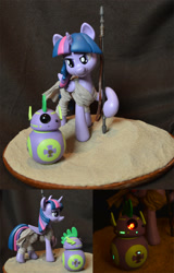 Size: 900x1402 | Tagged: safe, artist:prototypespacemonkey, character:spike, character:twilight sparkle, character:twilight sparkle (alicorn), species:alicorn, species:pony, bb-8, crossover, desert, female, mare, ponified, rey, sculpture, so much win, star wars, win