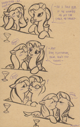 Size: 759x1192 | Tagged: safe, artist:mumbles, character:fluttershy, character:rarity, species:pegasus, species:pony, species:unicorn, ship:rarishy, blushing, boop, cocktail glass, comic, female, kissing, lesbian, mare, monochrome, shipping