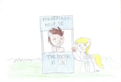 Size: 1024x691 | Tagged: safe, artist:brogararts, character:derpy hooves, character:doctor whooves, character:time turner, species:pegasus, species:pony, female, food, lucy's advice booth, mare, muffin, peanuts