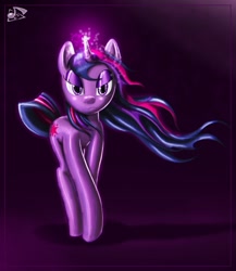 Size: 1043x1200 | Tagged: dead source, safe, artist:musicalgenius, character:twilight sparkle, character:twilight sparkle (unicorn), species:pony, species:unicorn, female, frown, glowing horn, horn, lidded eyes, looking at you, mare, solo