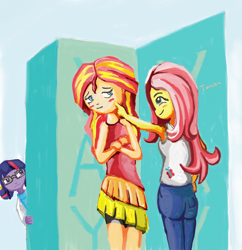 Size: 1018x1053 | Tagged: safe, artist:trixsun, character:fluttershy, character:sunset shimmer, character:twilight sparkle, character:twilight sparkle (scitwi), species:eqg human, ship:sunshyne, my little pony:equestria girls, clothing, female, humanized, jealous, lesbian, shipping, yay