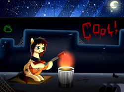 Size: 2300x1700 | Tagged: safe, artist:zoruanna, oc, oc only, oc:candlelight, clothing, fire, graffiti, guitar, moon, night, scarf, solo, spider web, stars