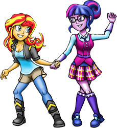 Size: 558x609 | Tagged: safe, artist:mentalmongloid, character:sunset shimmer, character:twilight sparkle, character:twilight sparkle (scitwi), species:eqg human, ship:scitwishimmer, ship:sunsetsparkle, equestria girls:dance magic, equestria girls:friendship games, g4, my little pony: equestria girls, my little pony:equestria girls, spoiler:eqg specials, clothing, crystal prep academy uniform, dancing, female, friendshipping, holding hands, lesbian, school uniform, shipping, simple background, smiling, transparent background