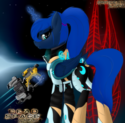 Size: 1577x1561 | Tagged: safe, artist:vinaramic, character:princess luna, species:alicorn, species:pony, alternate hairstyle, armor, crossover, dead space, female, magic, mare, marker (dead space), plasma cutter, plot, ponytail, solo, telekinesis