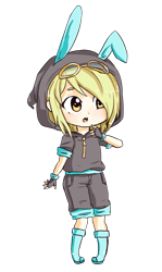 Size: 853x1435 | Tagged: safe, artist:haruliina, character:derpy hooves, species:human, boots, bunny ears, chibi, clothing, costume, cute, dangerous mission outfit, female, goggles, hoodie, humanized, shoes, shorts, simple background, solo, transparent background