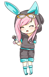 Size: 570x900 | Tagged: safe, artist:haruliina, character:fluttershy, boots, bunny ears, chibi, clothing, costume, cute, dangerous mission outfit, eyes closed, female, fingerless gloves, gloves, goggles, hoodie, humanized, open mouth, shoes, shorts, simple background, solo, transparent background
