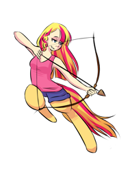 Size: 961x1267 | Tagged: safe, artist:cups, derpibooru original, oc, oc only, oc:eventide, parent:sunset shimmer, satyr, archery, arrow, bow (weapon), bow and arrow, offspring, weapon