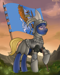Size: 2520x3150 | Tagged: safe, artist:gluxar, species:earth pony, species:griffon, species:pony, armor, bertrand du guesclin, flag, france, grass, halberd, helmet, history, hundred years' war, mountain, ponified, prance, solo, war, weapon