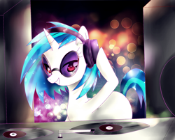 Size: 1623x1306 | Tagged: safe, artist:haruliina, character:dj pon-3, character:vinyl scratch, species:pony, species:unicorn, female, headphones, hooves, horn, mare, missing cutie mark, smiling, solo, speakers, sunglasses, teeth, turntable