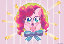 Size: 1081x738 | Tagged: safe, artist:framboosi, character:pinkie pie, species:earth pony, species:pony, bust, cheek squish, female, hooves on cheeks, looking at you, mare, open mouth, portrait, solo, squishy cheeks, stars