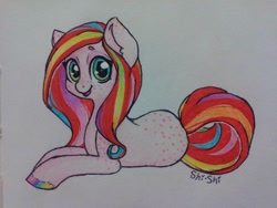 Size: 960x720 | Tagged: safe, artist:shishi, oc, oc only, oc:rough sketch, butt freckles, colored, ear freckles, freckles, lying down, rainbow hooves, shoulder freckles, solo, traditional art