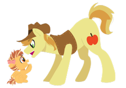 Size: 1024x717 | Tagged: safe, artist:craftedfun3, character:braeburn, oc, parent:braeburn, parent:spitfire, parents:spitburn, species:pegasus, species:pony, baby, baby pony, bow, father and daughter, female, filly, hair bow, offspring, simple background, traditional art