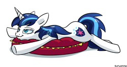 Size: 1900x1000 | Tagged: safe, artist:zoruanna, character:shining armor, gleaming shield, pillow, rule 63, sleepy, solo, tired