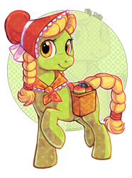 Size: 522x700 | Tagged: safe, artist:kaceymeg, character:granny smith, species:earth pony, species:pony, apple, female, filly, food, raised hoof, young granny smith, younger, zap apple, zoom layer