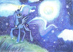 Size: 1713x1220 | Tagged: safe, artist:paulina-ap, character:princess luna, cloud, cloudy, female, moon, night, solo, traditional art