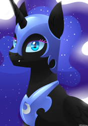 Size: 1400x2000 | Tagged: safe, artist:zoruanna, character:nightmare moon, character:princess luna, female, serious, sitting, solo, stare