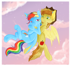 Size: 994x928 | Tagged: safe, artist:flow3r-child, character:braeburn, character:rainbow dash, species:pegasus, species:pony, ship:braedash, female, flying, male, race swap, shipping, straight