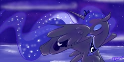 Size: 1366x686 | Tagged: safe, artist:cosmic-rust, character:princess luna, eyes closed, female, solo, unsafe flying