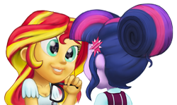 Size: 1000x596 | Tagged: safe, artist:mentalmongloid, character:sunset shimmer, character:twilight sparkle, character:twilight sparkle (scitwi), species:eqg human, ship:scitwishimmer, ship:sunsetsparkle, equestria girls:friendship games, g4, my little pony: equestria girls, my little pony:equestria girls, eye reflection, female, glasses off, lesbian, reflection, shipping, simple background, transparent background