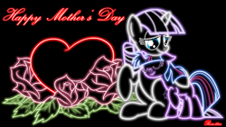 Size: 1920x1080 | Tagged: safe, artist:rose5tar, artist:voaxmasterspydre, character:twilight sparkle, character:twilight velvet, black background, filly, filly twilight sparkle, flower, heart, mother and daughter, mother's day, neon, neon art, rose, simple background