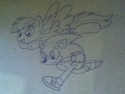 Size: 960x720 | Tagged: safe, artist:heartinarosebud, character:rainbow dash, character:sonic the hedgehog, crossover, sega, sonic the hedgehog (series), traditional art, video game
