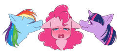 Size: 1970x909 | Tagged: safe, artist:cups, derpibooru original, character:pinkie pie, character:rainbow dash, character:twilight sparkle, ship:pinkiedash, ship:twinkie, drawthread, ear bite, female, floppy ears, heart eyes, lesbian, nibbling, pinkie pie gets all the mares, polyamory, shipping, twidashpie, wingding eyes
