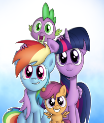 Size: 1612x1912 | Tagged: safe, artist:manual-monaro, character:rainbow dash, character:scootaloo, character:spike, character:twilight sparkle, character:twilight sparkle (alicorn), parent:rainbow dash, parent:twilight sparkle, parents:twidash, species:alicorn, species:pony, ship:twidash, adopted offspring, family photo, female, grin, happy, hug, lesbian, looking at you, mare, open mouth, scootadoption, scootalove, shipping, sitting, smiling, standing, winghug