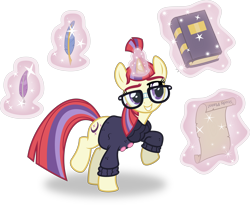 Size: 6000x4948 | Tagged: safe, artist:8-notes, artist:psychicwalnut, character:moondancer, ponyscape, absurd resolution, book, clothing, cute, female, flash puppet, glasses, magic, quill, raised hoof, scroll, simple background, smiling, solo, sweater, transparent background, vector