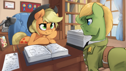 Size: 2400x1350 | Tagged: safe, artist:darksittich, character:apple bloom, character:applejack, character:big mcintosh, oc, oc:applesnack, oc:steelhooves, species:earth pony, species:pony, fallout equestria, binder, book, bookshelf, clothing, duo, family photo, fanfic art, looking at each other, male, ministry mares, office, paper, stallion, uniform