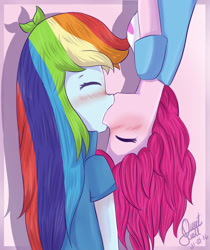 Size: 1000x1188 | Tagged: safe, artist:rmariansj, character:pinkie pie, character:rainbow dash, ship:pinkiedash, my little pony:equestria girls, blushing, clothing, eyes closed, female, kissing, lesbian, shipping, signature, upside down