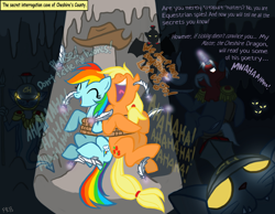 Size: 1052x818 | Tagged: safe, artist:fr-13, artist:rgevskiy, character:applejack, character:rainbow dash, oc, bondage, catodemons, cave, cheshire county, feather, feathered wonder hoofs, hitchhiker's guide to the galaxy, hoof tickling, tickle torture, tickling, vogon poetry