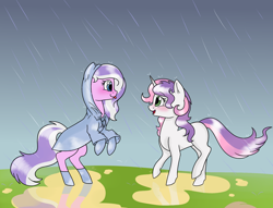 Size: 1700x1300 | Tagged: safe, artist:pigzfairy, character:diamond tiara, character:sweetie belle, species:earth pony, species:pony, species:unicorn, ship:diamondbelle, blep, blushing, eye contact, female, lesbian, open mouth, puddle, rain, raincoat, raised hoof, raised leg, rearing, shipping, smiling, tongue out
