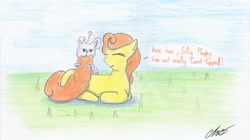 Size: 1500x839 | Tagged: safe, artist:moonlightscribe, character:angel bunny, character:carrot top, character:golden harvest, species:rabbit, dialogue, female, nom, pet, solo, traditional art
