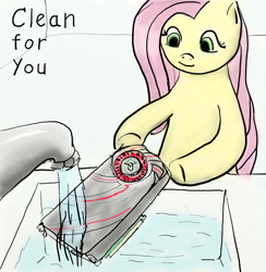 Size: 846x868 | Tagged: safe, artist:trixsun, character:fluttershy, species:pegasus, species:pony, amd, cleaning, everything is ruined, faucet, female, hoof hold, mare, radeon, sink, smiling, solo, this will end in tears, this will end in tears and/or death, underhoof, video card, washing, wat, water, why, you fool