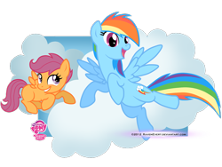 Size: 1100x825 | Tagged: safe, artist:ravenevert, character:rainbow dash, character:scootaloo, species:pegasus, species:pony, blank flank, cloud, duo, duo female, female, filly, flying, mare, open mouth, scootaloo can fly, smiling, spread wings, wings