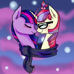 Size: 1200x1200 | Tagged: safe, artist:pigzfairy, character:moondancer, character:twilight sparkle, character:twilight sparkle (alicorn), species:alicorn, species:pony, species:unicorn, ship:twidancer, abstract background, blushing, bust, clothing, eyes closed, female, lesbian, mare, nuzzling, scarf, shared clothing, shared scarf, shipping
