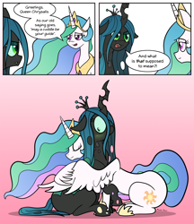 Size: 3574x4144 | Tagged: safe, artist:manual-monaro, character:princess celestia, character:queen chrysalis, species:alicorn, species:pony, ship:chryslestia, :o, absurd resolution, blushing, comic, cuddling, cute, cutealis, cutelestia, dialogue, eye contact, eyes closed, female, floppy ears, frown, glare, gradient background, hug, lesbian, looking at each other, mare, open mouth, raised hoof, shipping, shocked, sitting, smiling, snuggling, speech bubble, unamused, wide eyes, winghug
